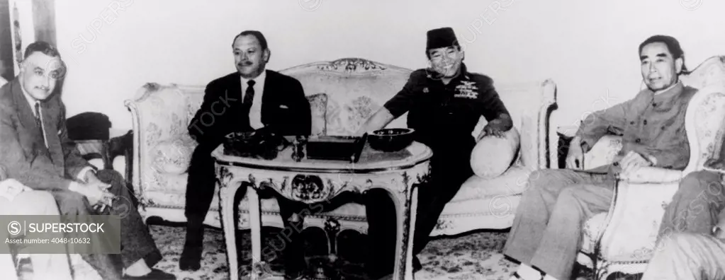Powerful members of the Non-Aligned Movement. Leaders of China, Indonesia, Pakistan, and Egypt meet in Cairo on Jun. 28, 1965.L-R: Zhou Enlai, Sukarno, Ayub Khan, and Gamel Nasser.