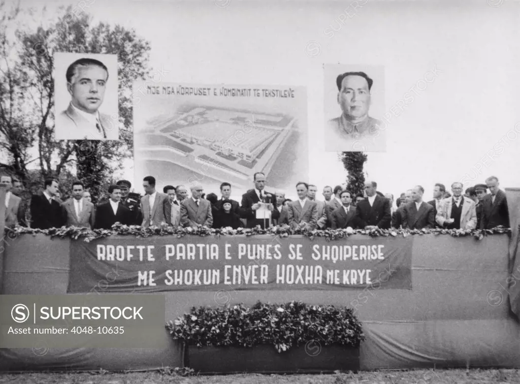 Large posters of Albania Enver Hoxha and Mao Tse-tung at an Albania government ceremony in 1963. Albania's Communist Party rejected Soviet anti-Stalinist reforms and turned to Maoist China for alliance and support.
