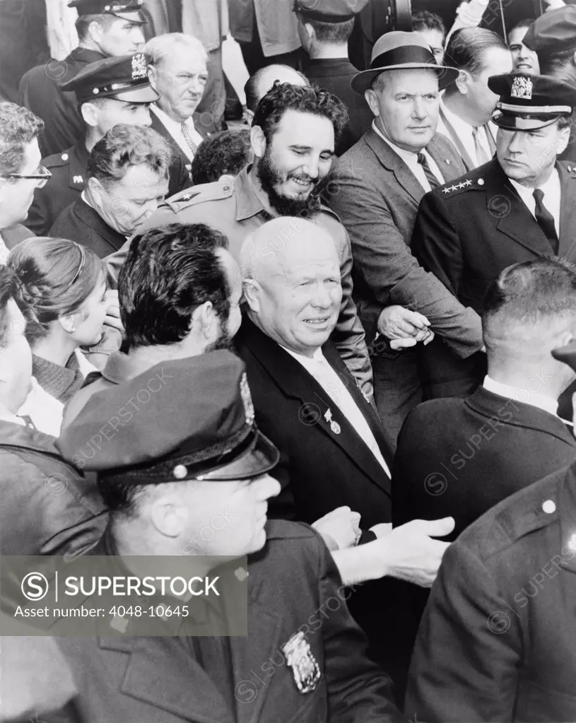 Fidel Castro and Nikita Khrushchev in the midst of a New York City crowd during the 1960 United Nations General Assembly.
