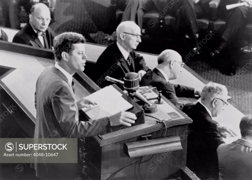 President John Kennedy, addressing a joint session of Congress. He announced his ambitious goal of sending Americans to the Moon before the end of the decade. May 25, 1961.