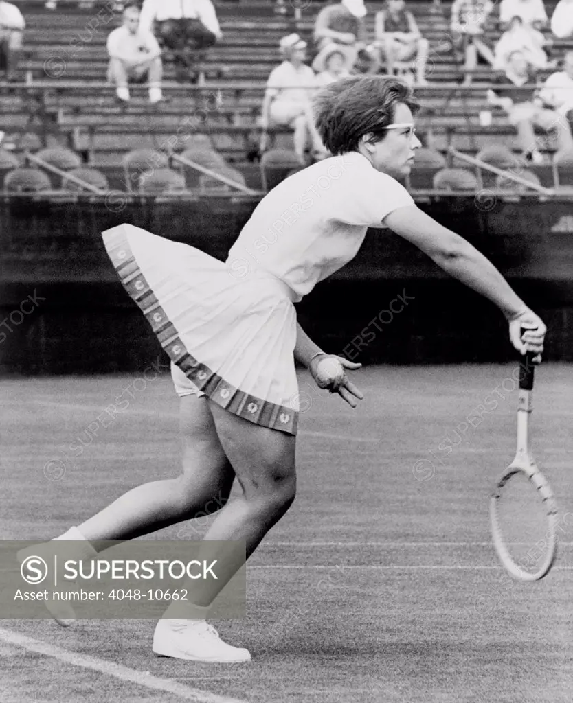 18 year old Billie Jean Moffitt playing tennis at South Orange, New Jersey, in 1962. Moffitt married Lawrence King in 1965, and changed her name Billie Jean King.