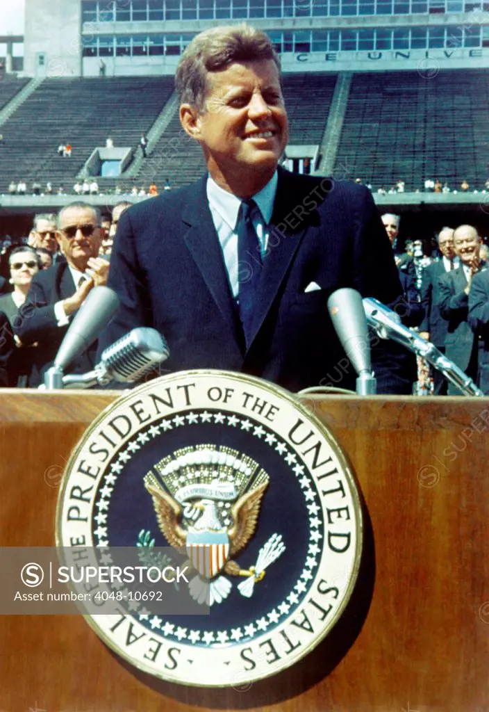 President Kennedy speaking at Rice University football field. Sept. 9, 1962. He called for 'no strife, no prejudice, no national conflict in outer space'. Sept. 9, 1962.