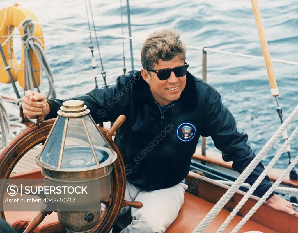 President Kennedy sailing aboard the US Coast Guard yacht 'Manitou' in Narragansett Bay, Rhode Island. August 26, 1962.