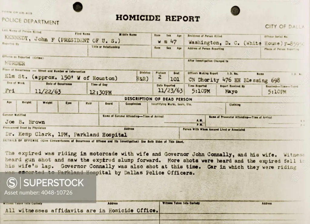 Dallas Police Department Homicide Report on the assassination of President John F. Kennedy. Nov. 22, 1963.
