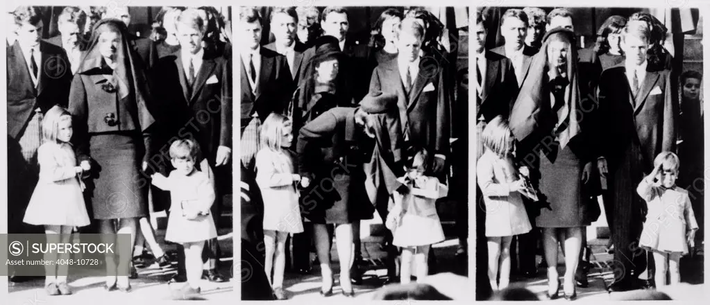 Kennedy family following Requiem mass for the assassinated President. Photo sequence shows Jacqueline Kennedy leaning to speak to her son, and John Kennedy Jr. saluting his father's coffin. Nov. 22, 1963.