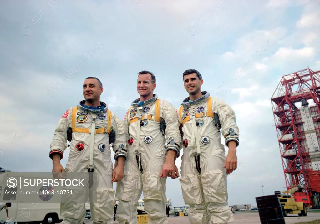 Astronaut crew training for the first Apollo mission. On Jan. 27, 1967 they was killed when a fire erupted in their capsule during testing. L-R: Gus Grissom, Edward White II, Roger Chaffee.
