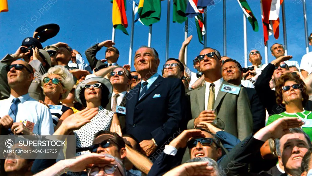 Moon launch. Vice President Spiro Agnew and former President Lyndon B. Johnson view the liftoff of Apollo 11 at Kennedy Space Center. July 16, 1969.