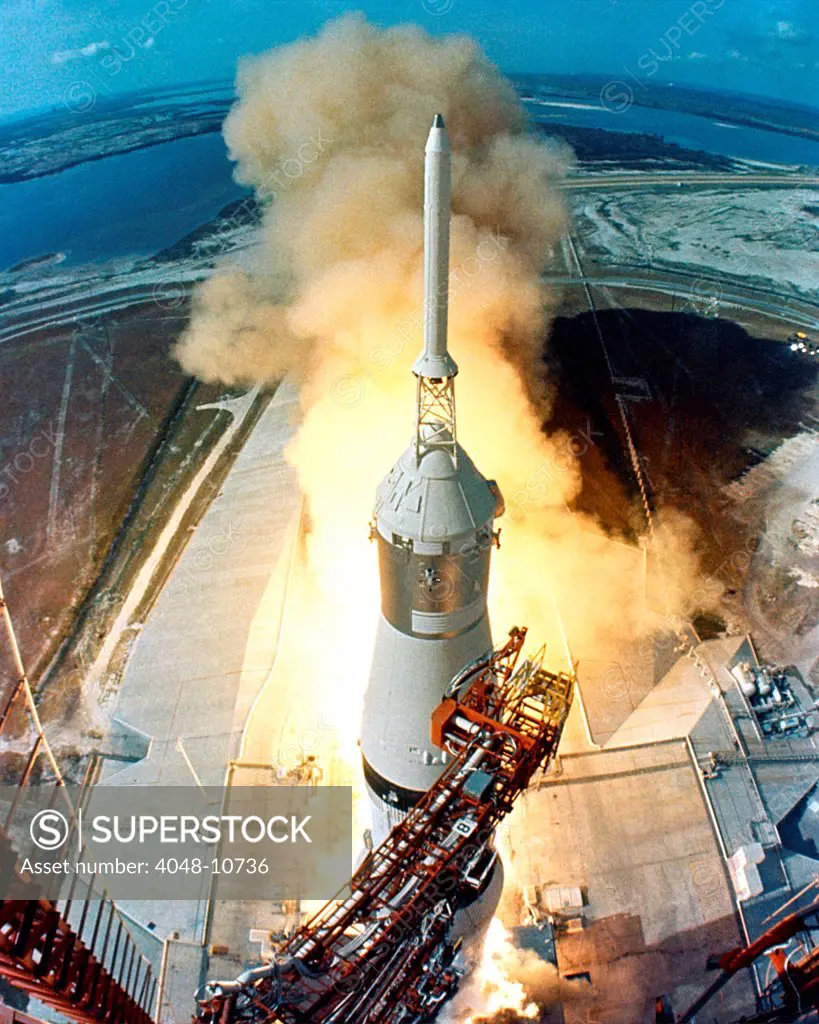 Moon launch. The liftoff of Apollo 11 on a Saturn V missile starts the Moon mission of astronauts Neil Armstrong, Michael Collins and Edwin Aldrin. July 16, 1969.