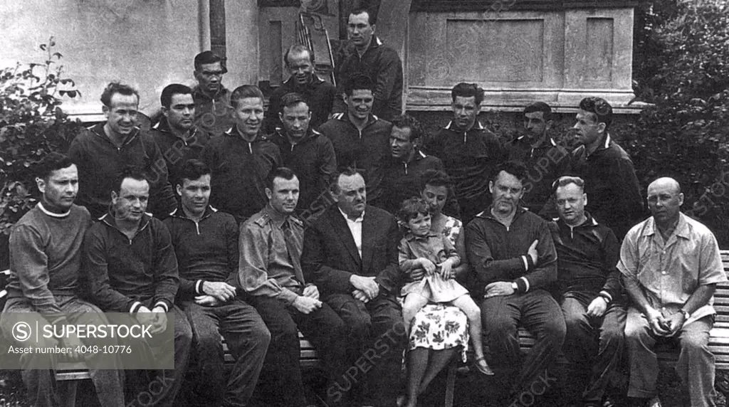 The original 1960 group of Cosmonauts is shown in a photo from May 1961. Sitting, L-R: Popovich, Gorbatko, Khrunov, Gagarin, Korolev, Nina Koroleva, with Popovich's daughter Natasha, Karpov, Nikitin, and Fedorov. Second row, L-R: Leonov, Nikolayev, Rafikov, Zaykin, Volynov, Titov, Nelyubov, Bykovskiy, and Shonin. Back row, L-R: Filatyev, Anikeyev, and Belyayeu.