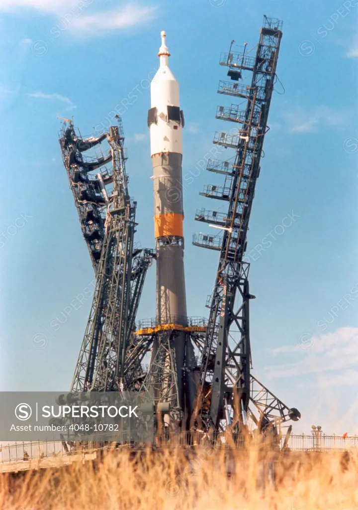 Soyuz spacecraft launch at the Russian Baikonur complex in Kazakhstan. The Soyuz spacecraft docked with a US Apollo capsule to test means for international rescue missions and future collaboration on manned spaceflights. July 15, 1975.