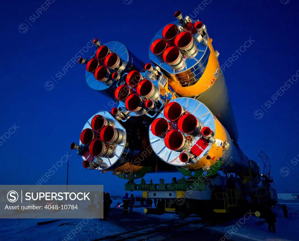 The Soyuz TMA-03M spacecraft to on its way to the launch pad at the Baikonur Cosmodrome, Kazakhstan. It carried an international crew of the Expedition 30 to the International Space Station on Dec. 21, 2011.