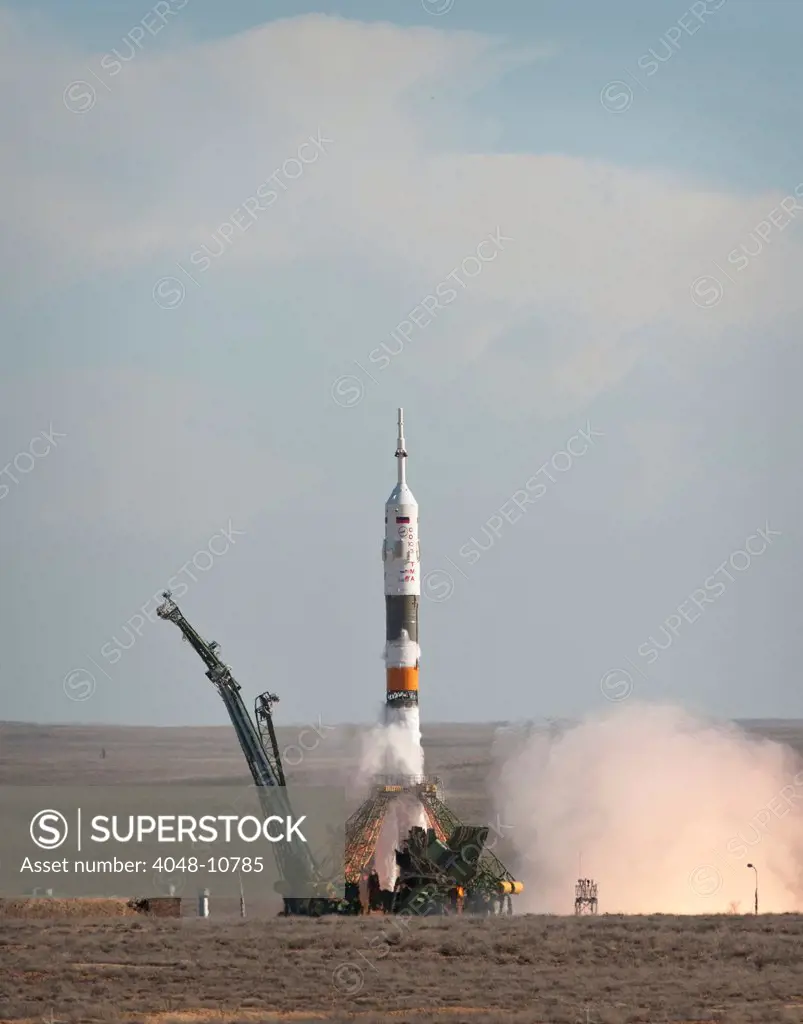 The Soyuz TMA-18 rocket launches from the Baikonur Cosmodrome in Kazakhstan. It carried an international crew of the Expedition 30 to the International Space Station on Apr. 2, 2010.