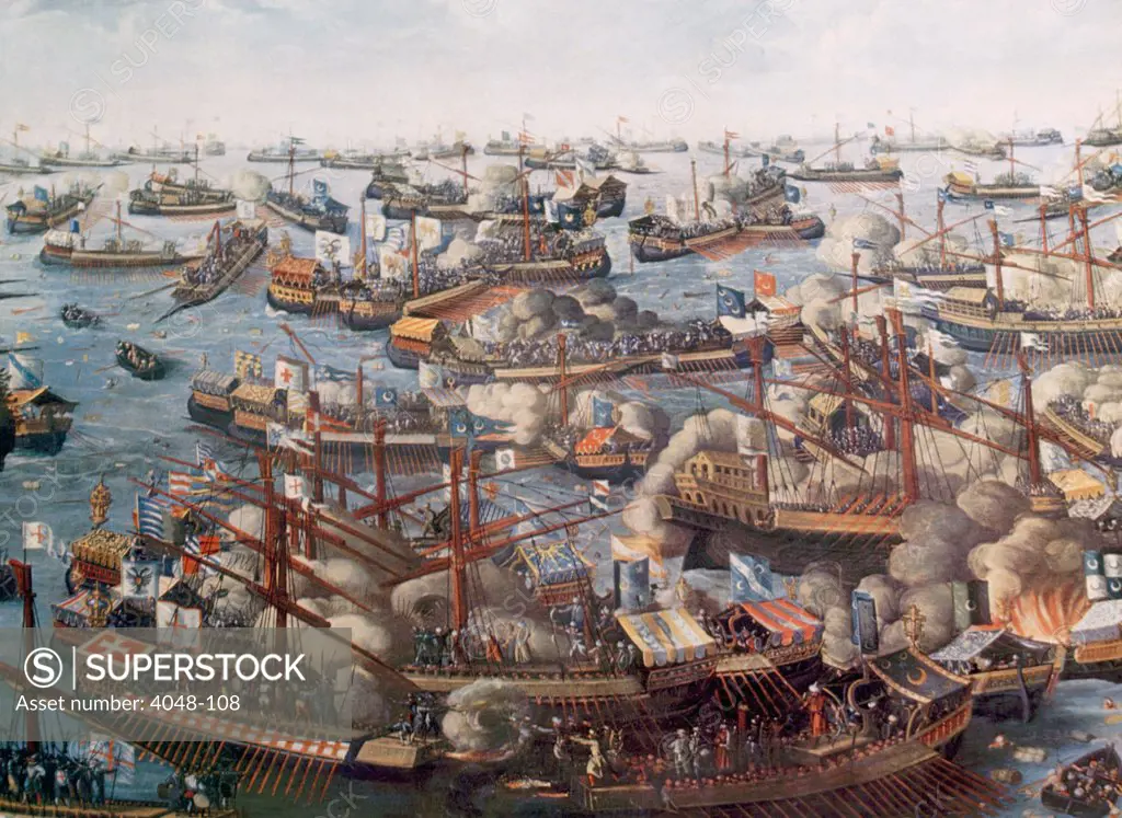 The Battle of Lepanto, the fleet of the Holy League destroys the Turkish fleet near Greece, October 7, 1571
