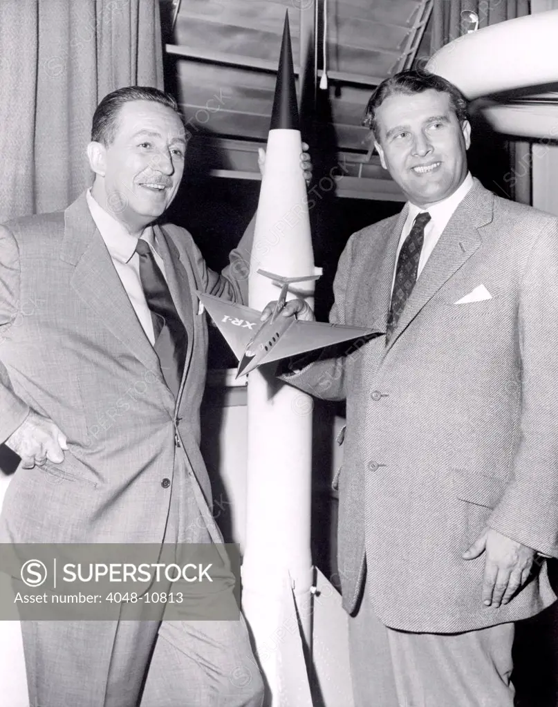 Dr. Werhner von Braun with Walt Disney. Von Braun worked with Disney Studios as a technical director, making three films about space exploration for television in 1954.