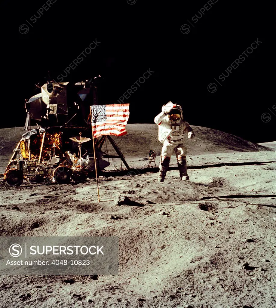 Apollo 16 Astronaut salutes the US flag on the Moon. July 21-24, 1971.