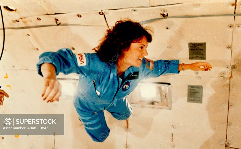 Christa McAuliffe Experiences Weightlessness. She represented the Teacher in Space Project and died when Challenger exploded during take-off on January 28, 1986.