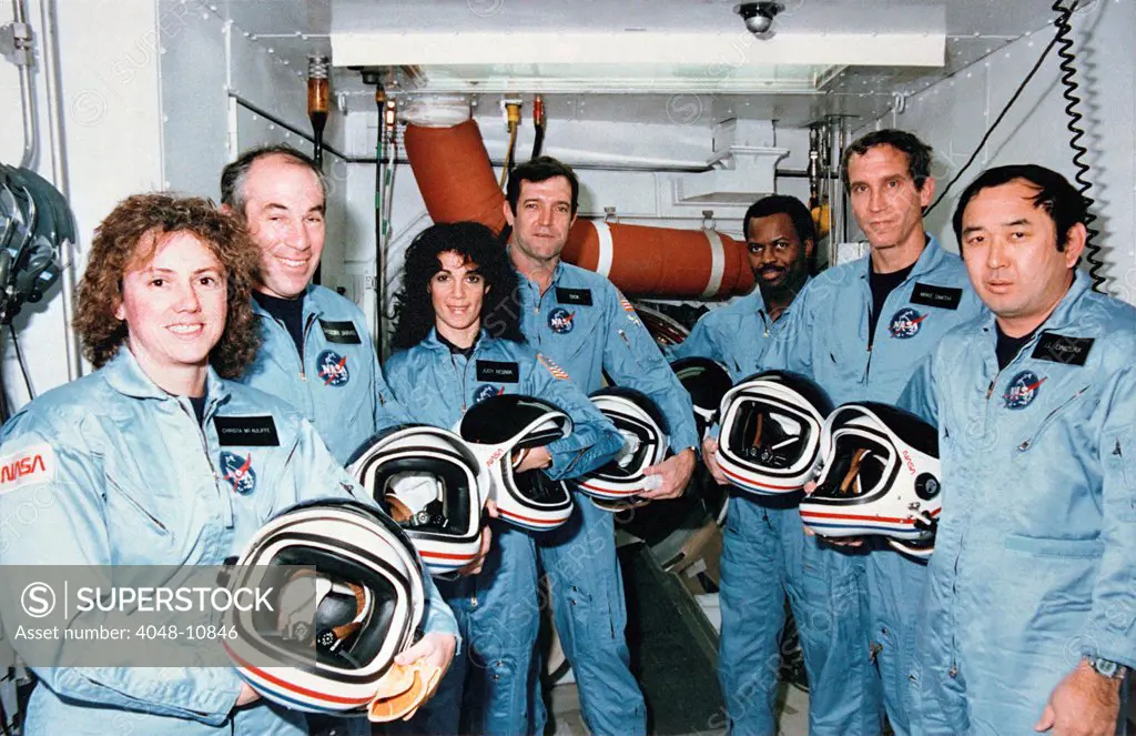 Challenger Crew in training before their tragic space shuttle mission. L-R: Christa McAuliffe, Gregory Jarvis, Judy Resnik, Dick Scobee, Ronald McNair, Michael Smith and Ellison Onizuka. Jan. 8, 1986.