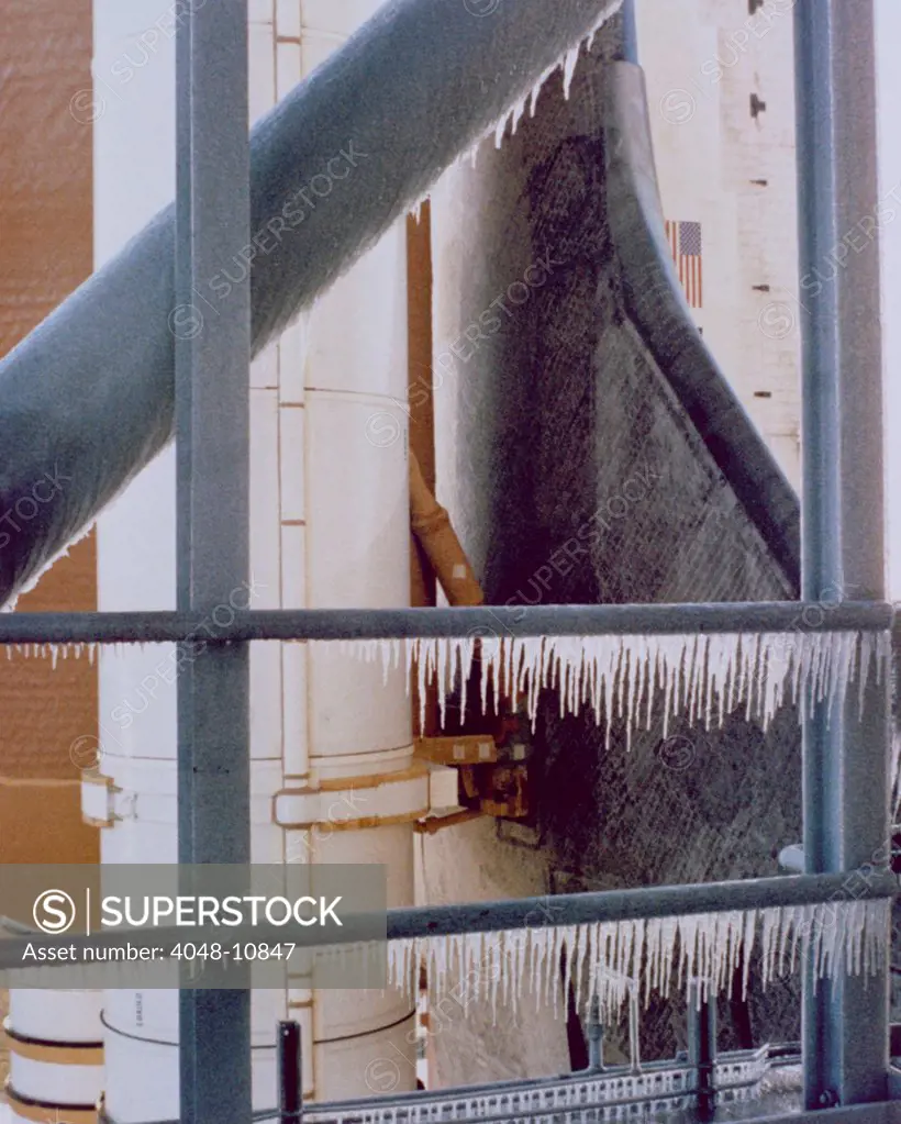 Space shuttle Challenger disaster. Icicles at the launch in the early morning hours on January 28, 1986. The cold caused a ruptured O-ring in the Solid Rocket Booster resulting in an explosion soon after launch.
