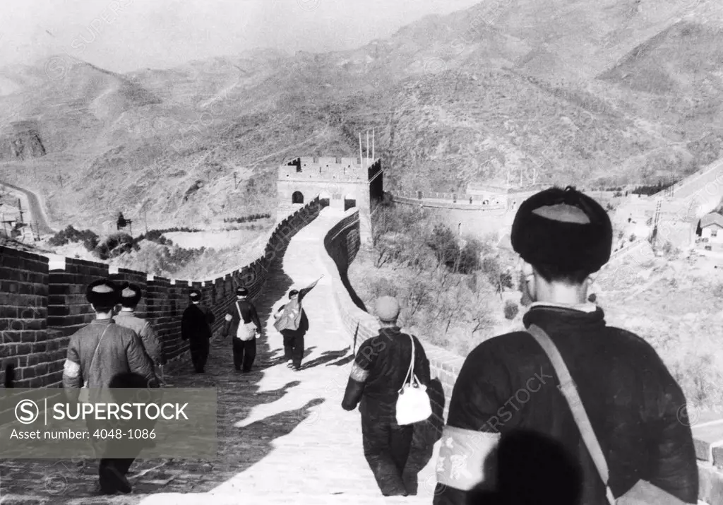 Members of Mao Tse-tung's Red Guard pause at the Great Wall on their way to Peking from rural areas, 1967