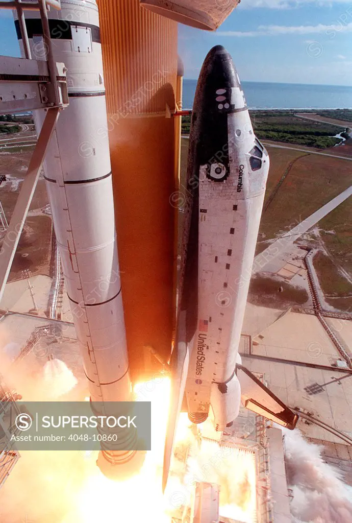 Space Shuttle Columbia lifts off the launch pad. 82 seconds after launch, a suitcase-size piece of thermal insulation foam broke off the External Tank, striking Columbia's left wing. During re-entry, hot gases entered the wing, causing a catastrophic a breakup in the upper atmosphere. Feb. 1, 2003.