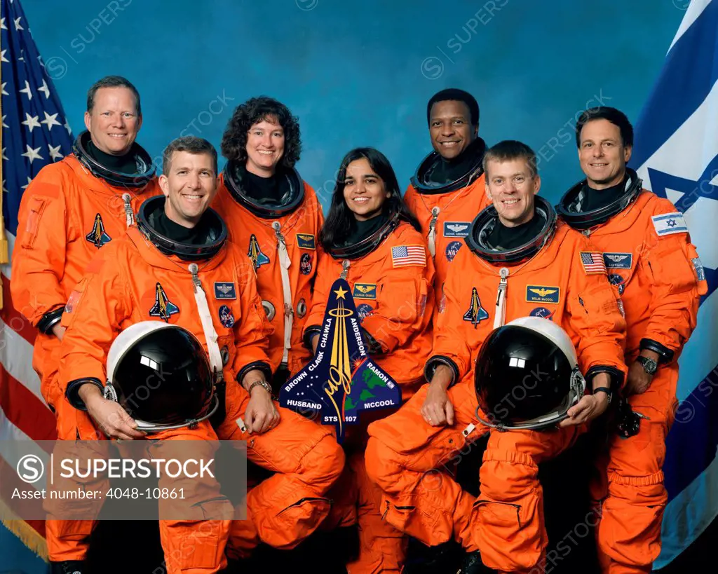 Crew of the ill-fated Space Shuttle Columbia who died when the orbiter broke up in the upper atmosphere during re-entry on Feb. 1, 2003. L-R: David Brown, Rick Husband, Laurel Clark, Kalpana Chawla, Michael Anderson, William McCool, and Israeli Ilan Ramon.