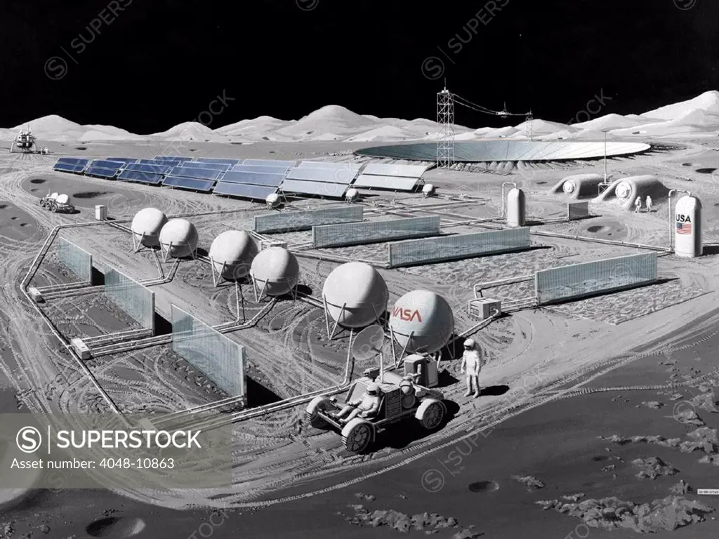 Futurist vision of a lunar observatory with a radio telescope built into the lunar surface. 1988.