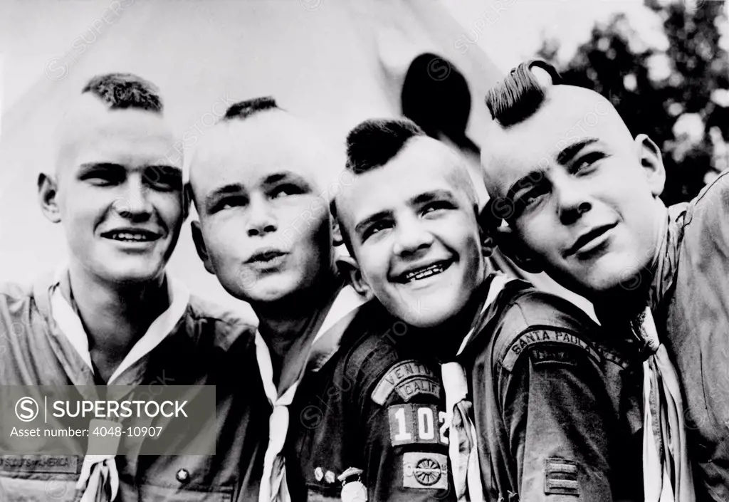 California Boy Scouts with Mohawk haircuts. They were attending a Boy Scout jamboree at Valley Forge, Pennsylvania. 1950.