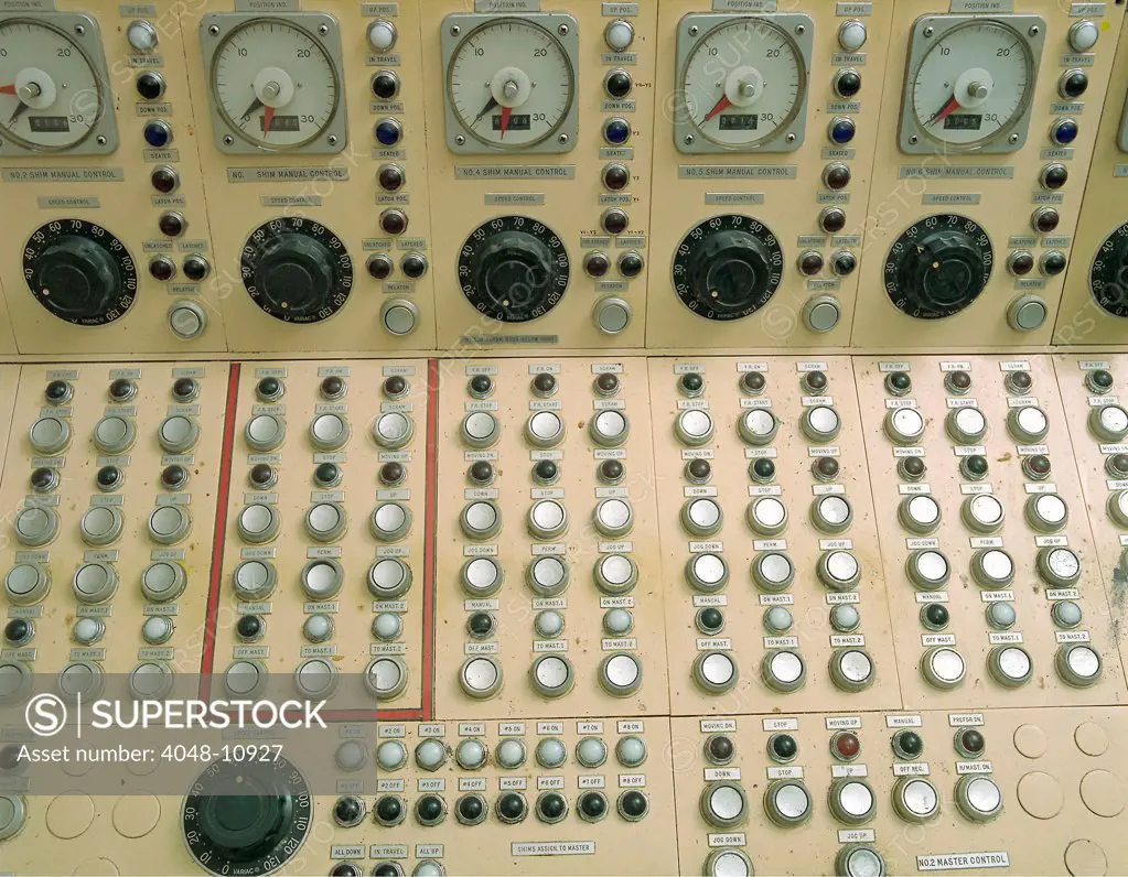 Nuclear reactor control panel for the manual operation of the control rods that regulate temperatures in the reactor core. NASA's Plum Brook Station in Sandusky, Ohio. Ca. 1960