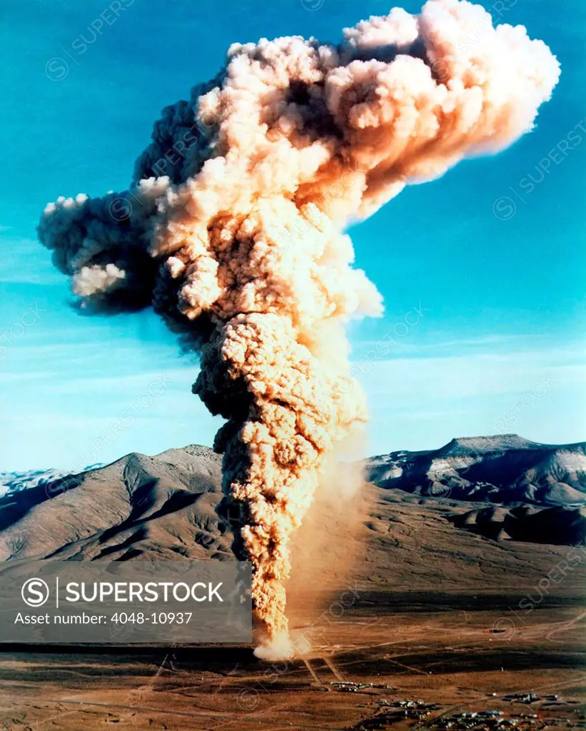 Radioactive leak from the Baneberry underground nuclear test. Nevada Test Site workers were exposed to radiation when the 10 kiloton bomb detonated 900 feet underground cracked the soil, causing a fissure near ground zero. Dec. 18, 1970.