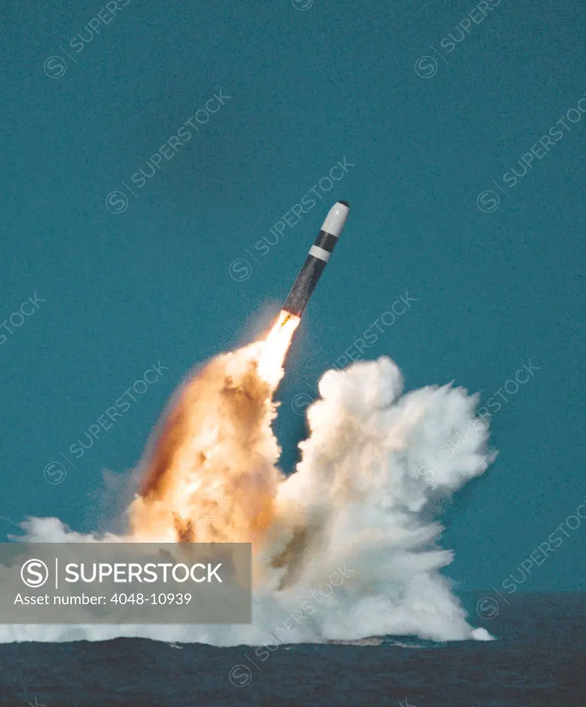 Underwater launch of a Trident ballistic missile from a submarine. First deployed in 1990 by US and British navies, it was equipped with multiple nuclear warheads.
