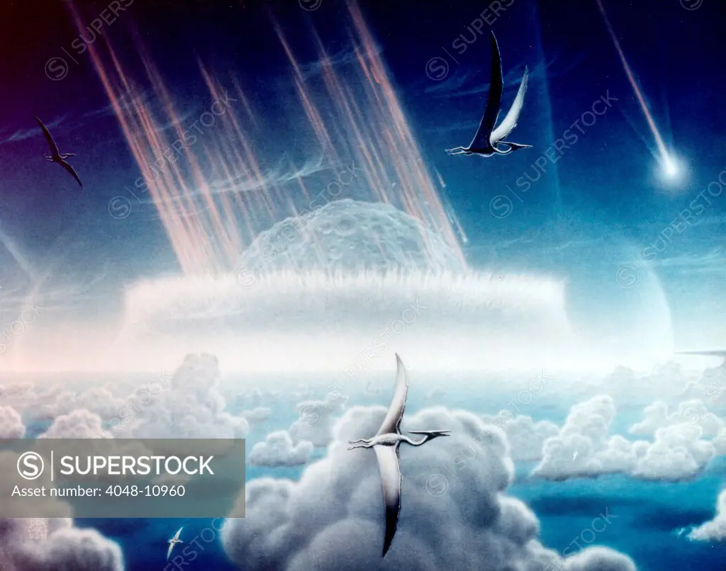Asteroid slamming into the shallow seas of the Yucatan Peninsula. The asteroid impact of 65 million years ago, that caused the extinction of the dinosaurs. 1994 painting by Donald Davis.