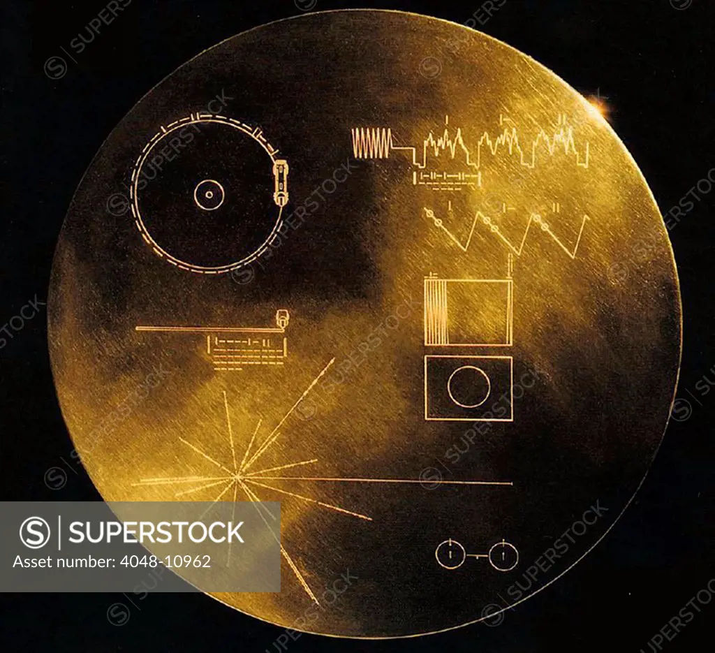 NASA's Voyager 1 and 2 spacecraft were launched in the 1977 and are still functioning, now 14 and 11.5 light-hours from the Sun. Each carries 12-inch gold plated copper disk of recorded sounds and images representing human cultures and life on Earth.