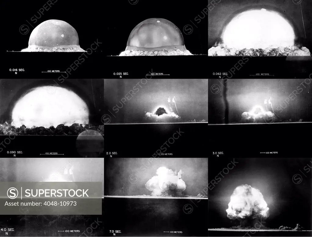Photographic sequence of the Trinity test, the first manmade nuclear explosion. The first four frames were taken from .012 to .0900 seconds, less that one tenth of a second after detonation, show a plasma dome that evolved into a mushroom cloud. July 16, 1945.