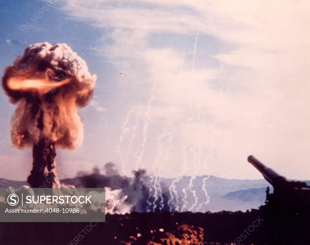 The GRABLE Shot used a 280mm artillery gun to fire a 15 kiloton nuclear shell. 12 officers were only 1,830 meters, and another 590 soldiers were 3,660 meters from ground zero. May 25, 1953. It was the first and only time an atomic artillery shell was fired.