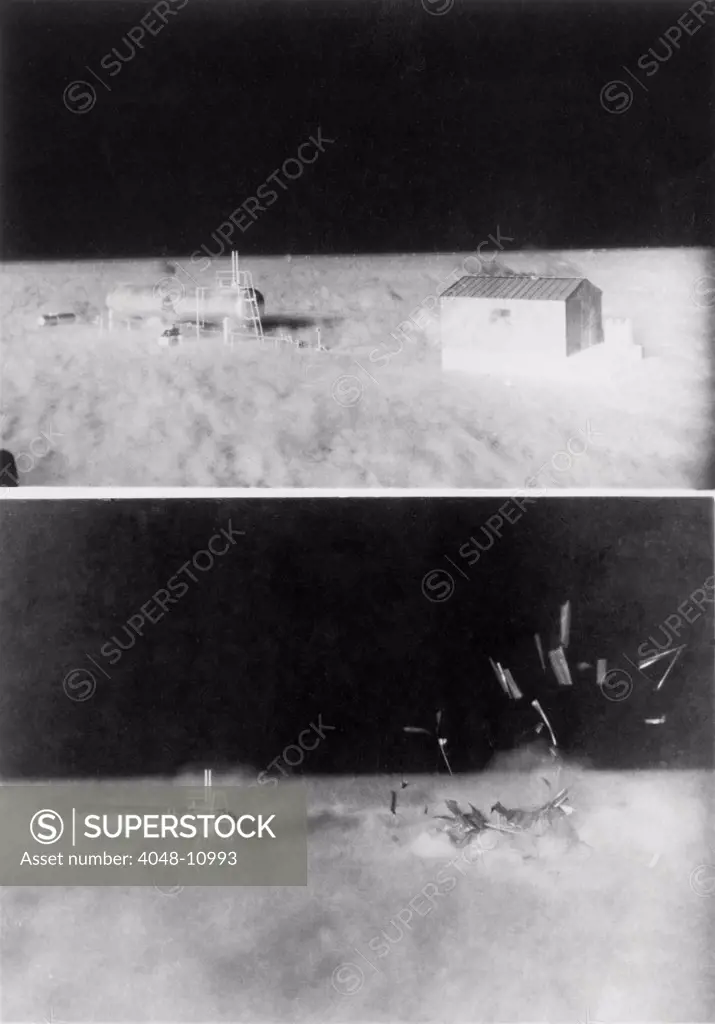 Nuclear 'Operation Cue' tested structures' ability to survive atomic bombs. Bottom image shows a disintegrating shed beside liquefied petroleum tank as blast wave hits. April 4, 1955.