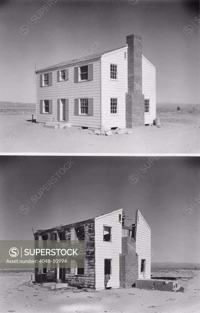 Nuclear 'Operation Cue' tested buildings' ability to survive atomic bombs. Before and after photos of a two-story wood frame house 5,500 feet from ground zero. April 4, 1955.