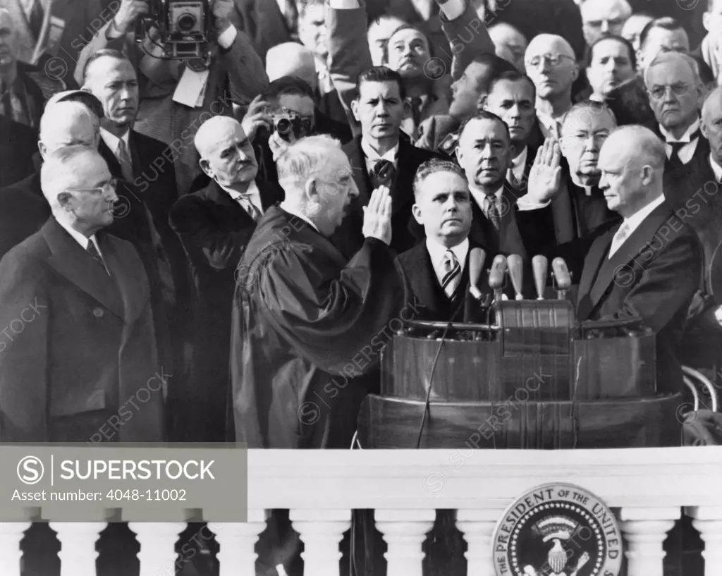 Eisenhower's First Inauguration. Chief Justice Frederick Vinson administering the oath of office to Dwight D. Eisenhower on the east portico of the U.S. Capitol, January 20, 1953