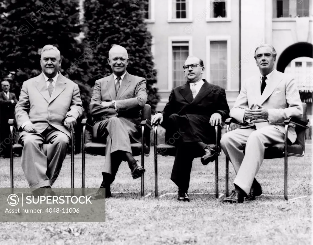 The Big Four attend at the Geneva summit. L-R: Soviet Premier Nikolai Bulganin, President Dwight Eisenhower, and French Premier Faure, Sir Anthony Eden. July 20, 1955.
