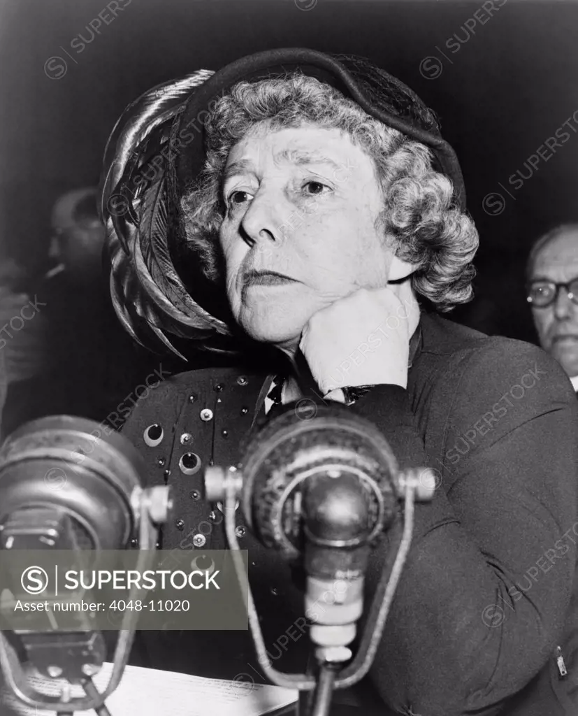 Dorothy Kenyon before the Senate Foreign Relations subcommittee, answering accusations of Joseph McCarthy that she aided communist front organizations. McCarthy backed off when Kenyon, a lawyer, judge, feminist and civil liberties activist was defended by Eleanor Roosevelt and the New York Times. 1950.