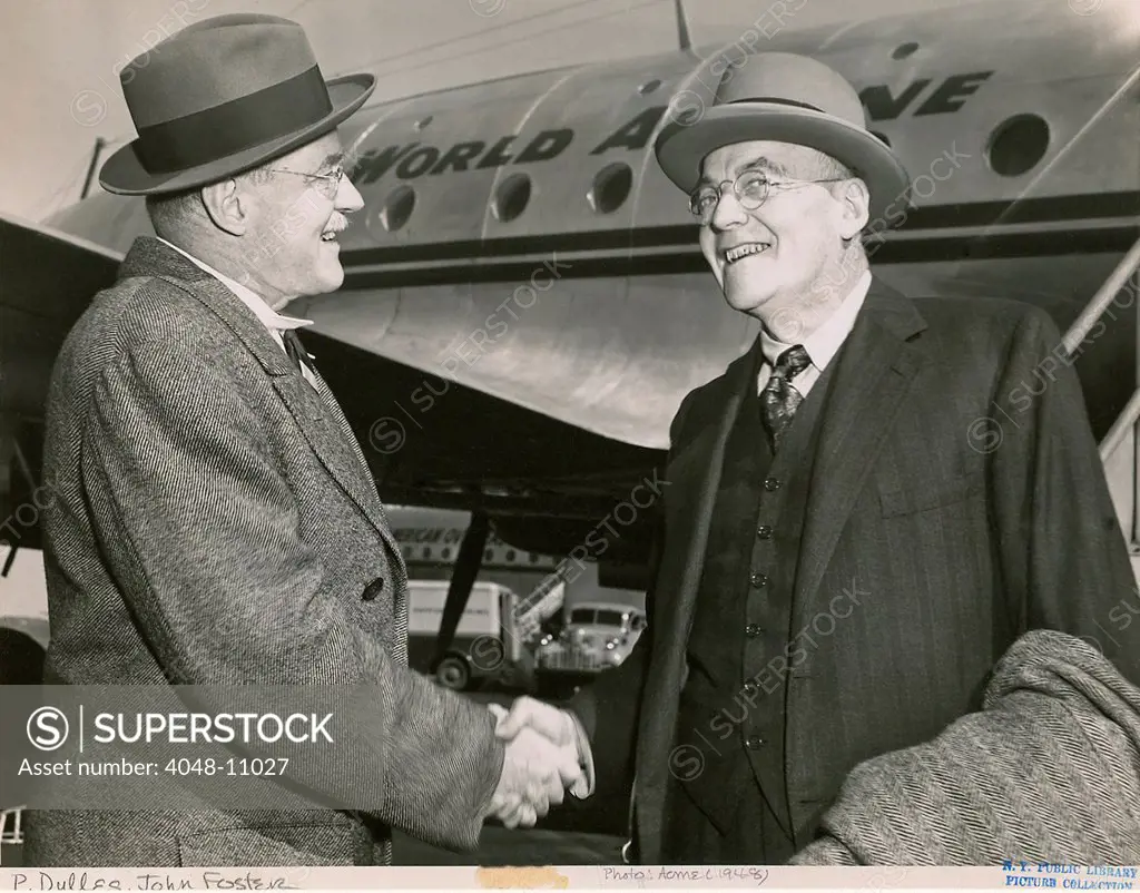 The Dulles brothers meet at La Guardia Airport, on October 4, 1948. John Foster and Allen were both advisors to Republican presidential candidate Thomas Dewey. They would have to wait another for years before they were appointed Secretary of State and CIA Director by Eisenhower in 1953.
