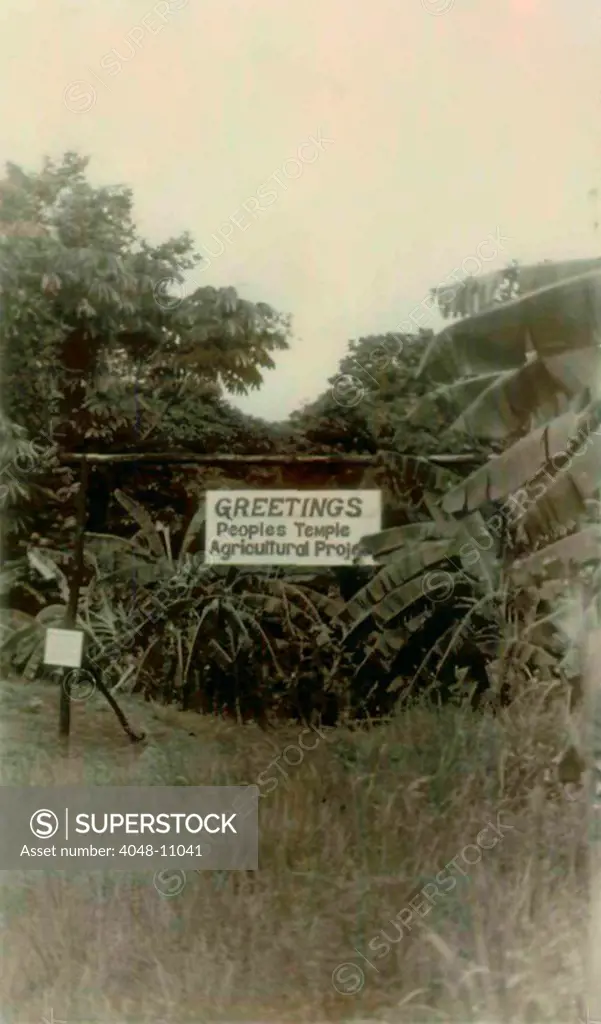 Sign at the entrance of People's Temple Agricultural Project. Jonestown, Guyana. Nov. 1978.