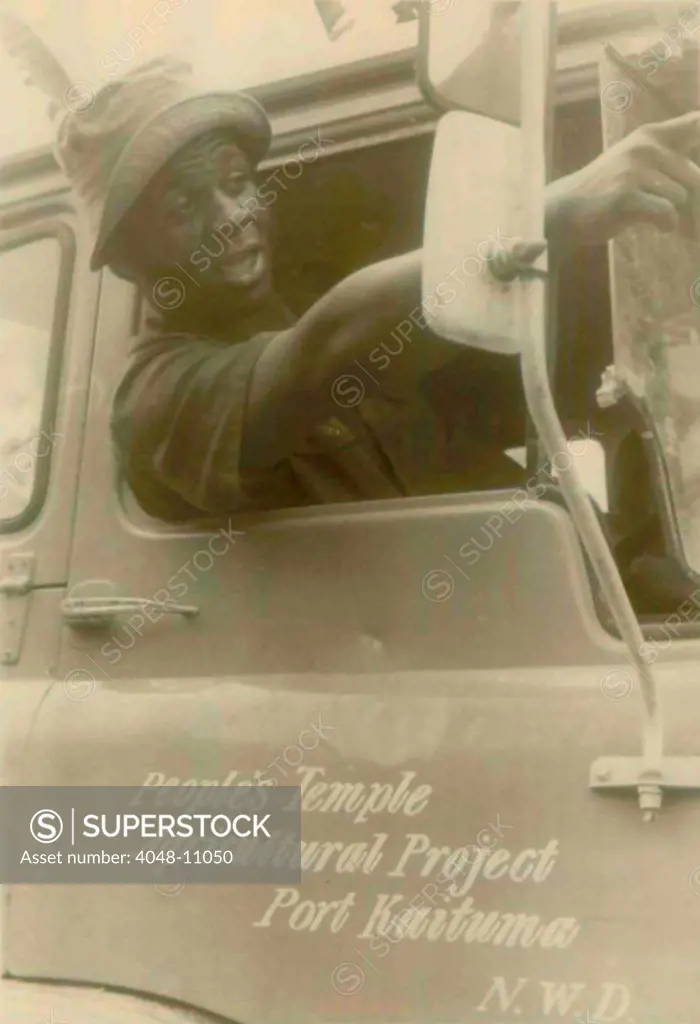 African American worker in a truck at the People's Temple Agricultural Project. Jonestown, Guyana. Nov. 1978.
