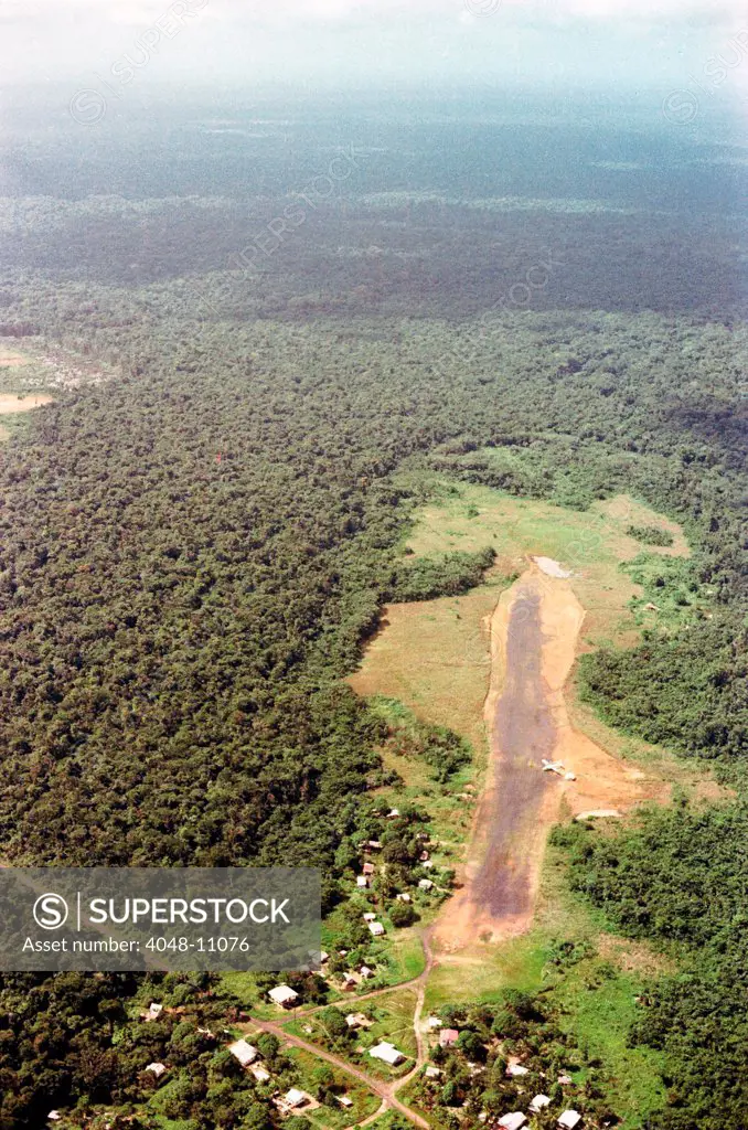 Airstrip at Port Kaituma, Guyana. This was the site of the murder of Congressman Leo Ryan by followers of People's Temple cult leader Jim Jones. Nov. 18, 1978.