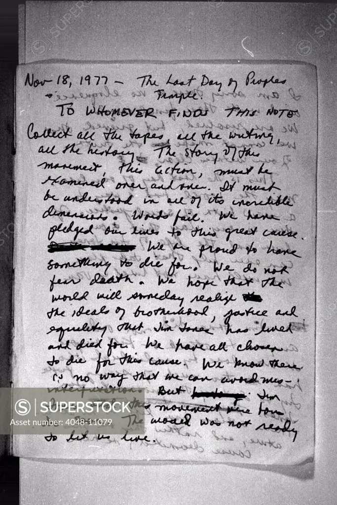 Suicide note, Written and signed by Annie Moore. Page 1. Moore was a registered nurse. The note was found near her body in Jim Jones cabin, along with a number of other members of the Jonestown leadership circle