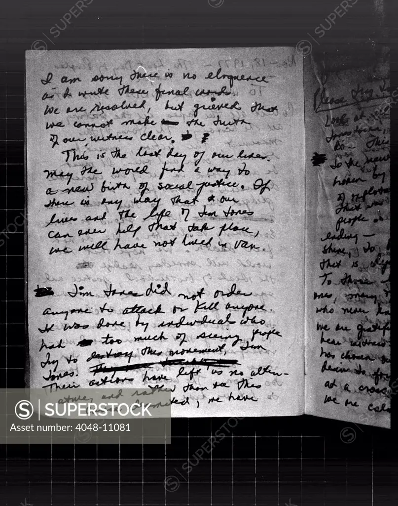 Suicide note, Written and signed by Annie Moore. Page 3. Moore was a register nurse and one of the leaders of the Peoples Temple in Jonestown, Guyana. Nov. 18, 1978.