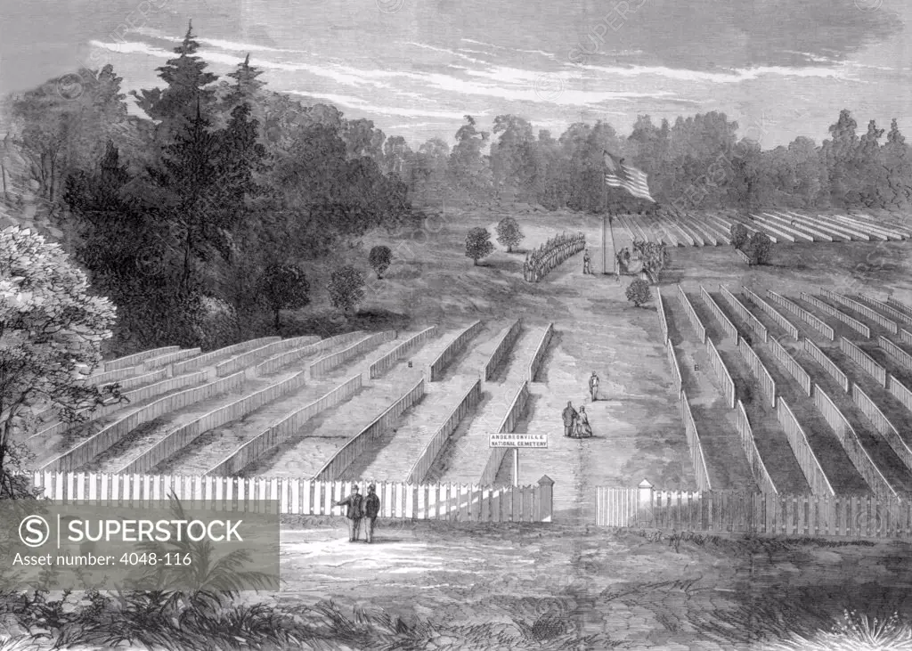 Andersonville Prison in Georgia where 12,000 Union prisoners of war were buried, Harper's Weekly illustration, 1865