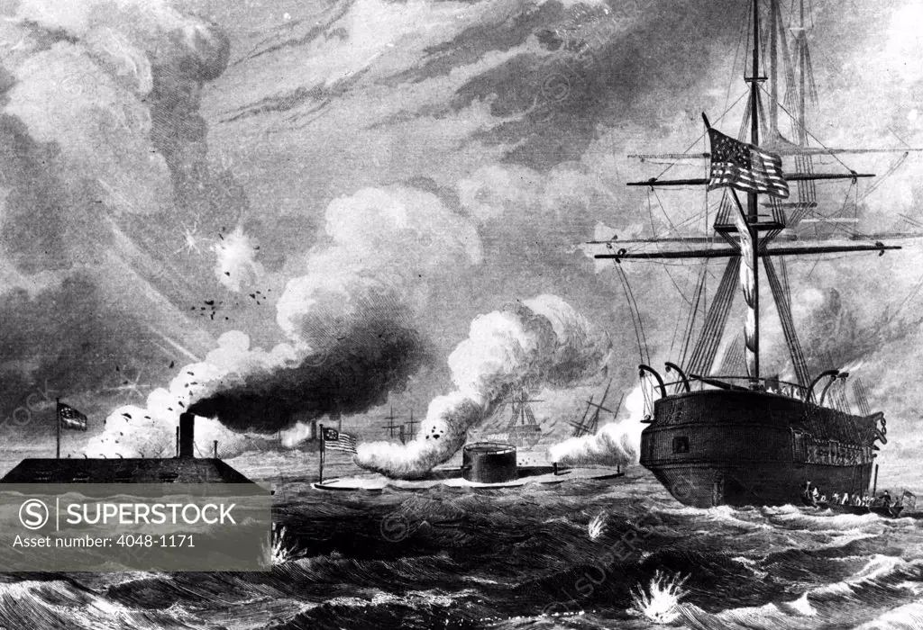 CIVIL WAR--Illustration depicting the first duel between the warships Merrimack and the Union's Monitor.