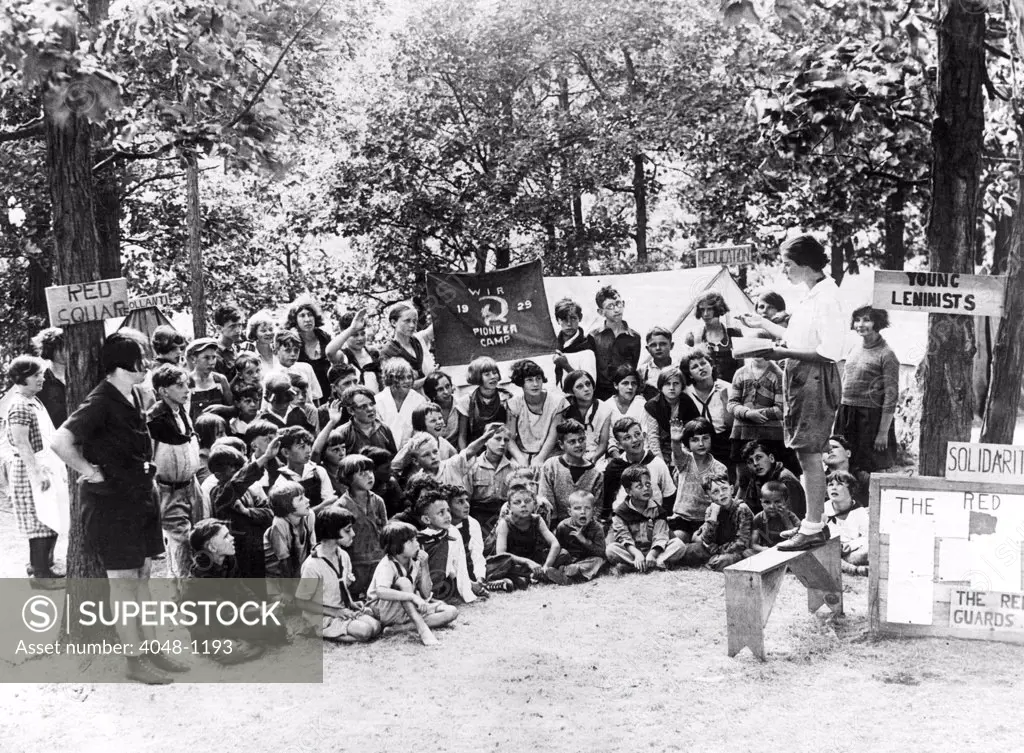 Children attend a summer camp in Wisconsin where they learn about communism. The camp is conducted by the Workers International Relief, 1929
