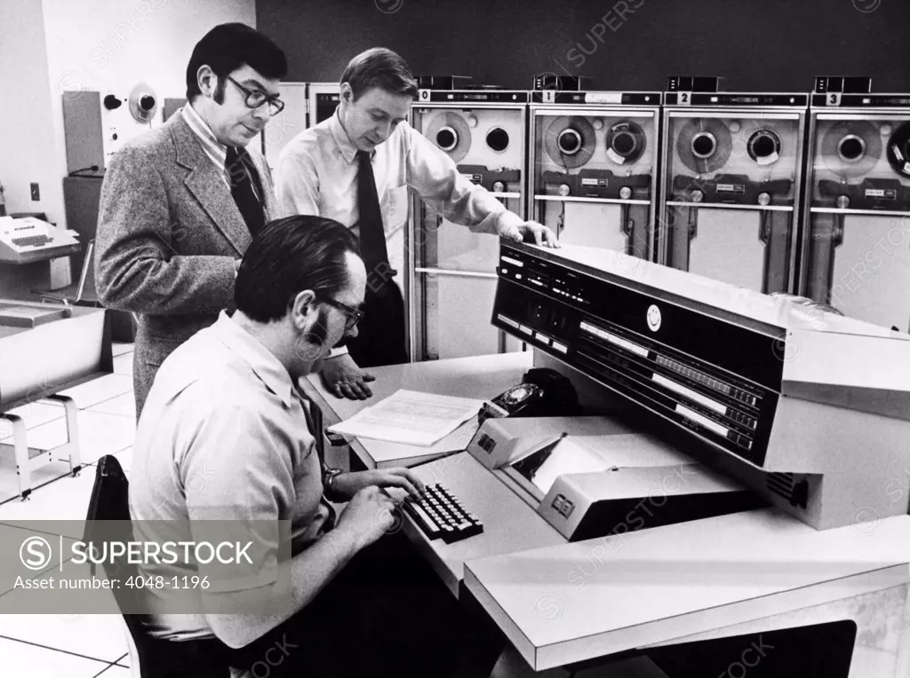 Officials at the main console of Univac 1108, 1972