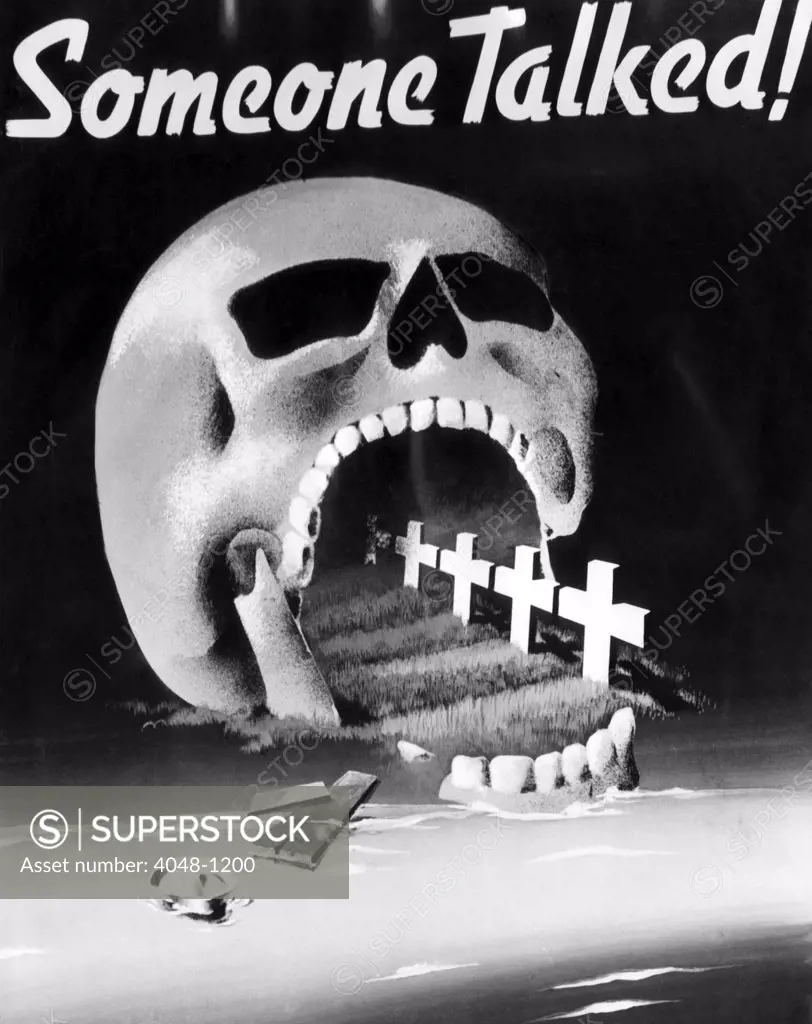 A poster entered in the National War Poster Competition held at the Museum of Modern Art in New York, 1942. The poster reads 'Someone Talked!'